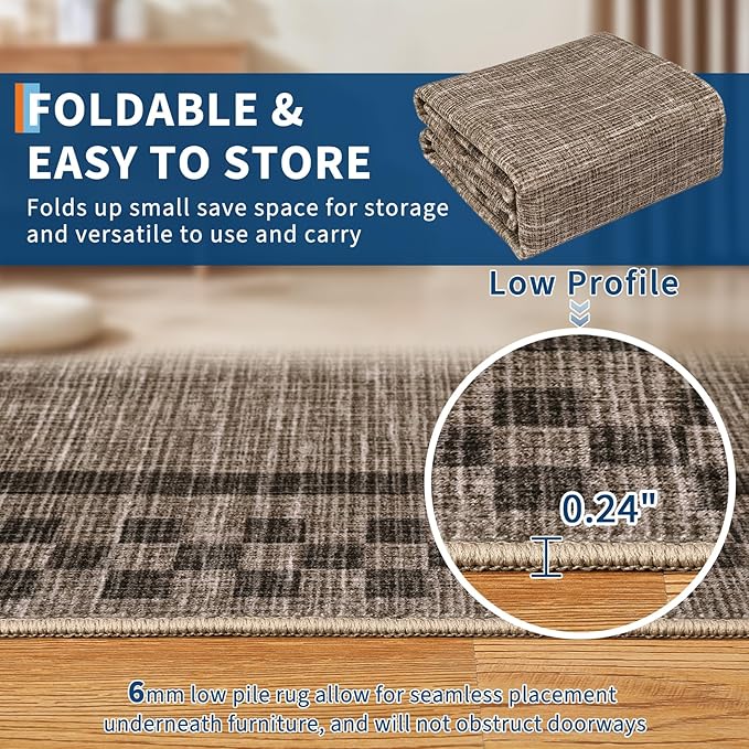 GarveeHome Washable Area Rugs 8x10 Non Slip Soft Large Living Room Rug Modern Checkered Bedroom Rug Soft Geometric Bordered Throw Carpet for Dining Room Home Decor Office Nursery, Brown