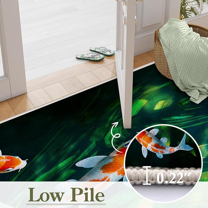 Green Pond Koi Fish Area Carpet, 5x7ft, 3D Realistic Underwater Koi Printed Carpets, Chinese Natural Landscape Soft Low Pile Rug, with Non Slip Backing Pet Friendly Rugs for Entryway