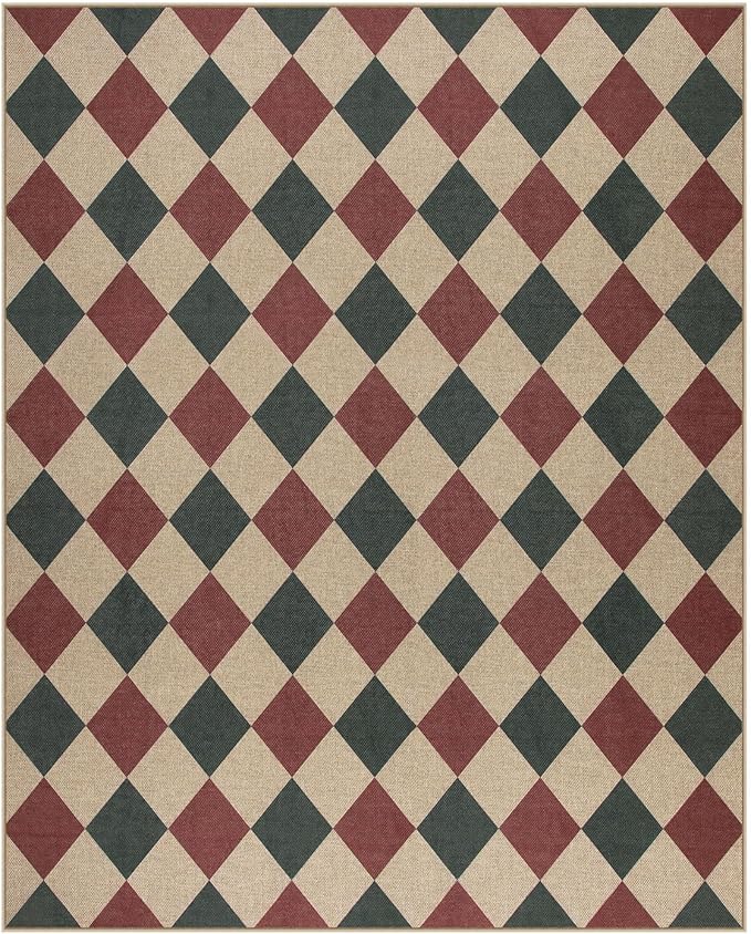 Lahome Checkered Rugs for Living Room, 8x10 Indoor Outdoor Rug Dining Room Office Carpet, Checkerboard Green and Red Washable Non Slip Floor Carpet for Patio Classroom Backyard