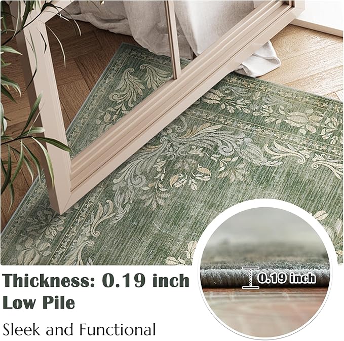 jinchan Hallway Runner Rug 2x8 Vintage Floral Distressed Design - Machine Washable Non-Slip Low-Pile Soft Thin Faux Wool Kitchen Carpet for Farmhouse Bedroom Laundry Room(2x8ft,Dark Green)