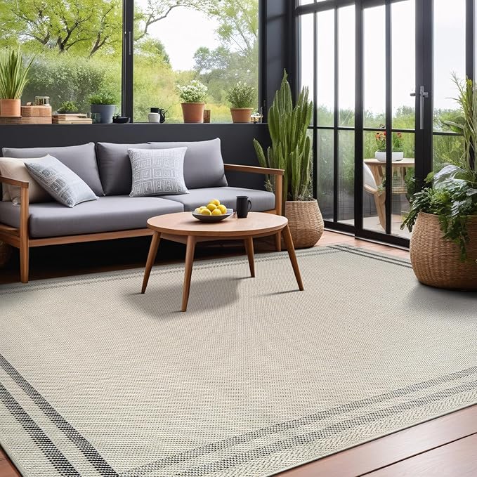 Easy Jute Rugs 9x12 Bordered Bone Color Living Room Indoor Outdoor Area Rug for Patio and Kitchen Rug High Traffic Washable Easy to Clean Solid Boho Woven Design Outside Carpet (9 x 12)