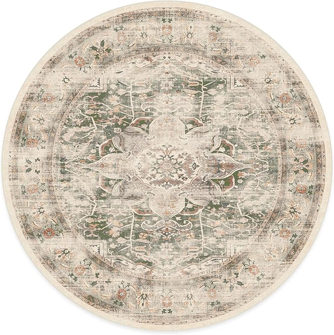 RUGGABLE Washable Vintage Area Rug – Sarrah Sage 6 ft Round, Stain-Resistant, Non-Slip – Medium Machine Washable Rugs for Living Room, Bedroom, Hallway, Entryway & Office–with Standard Pad