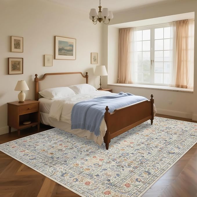 Washable Living Room Rug: 8x10 Boho Floral Soft Area Rug for Bedroom Decor - Vintage Low Pile Thin Carpet for Dining Room Non-Slip - Farmhouse Stain Resistant Rugs - Beige Blue