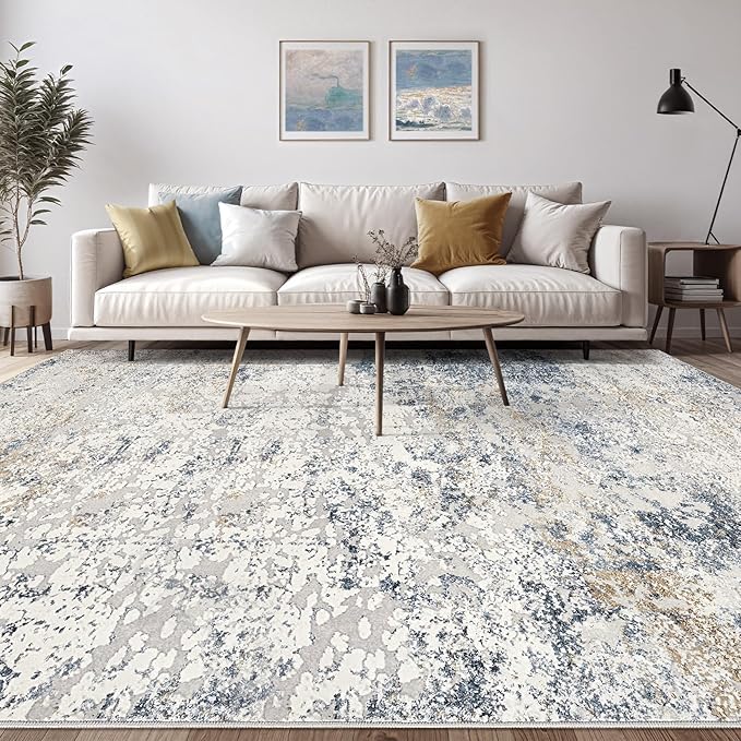 Area Rug Living Room Rugs - 12x15 Washable Large Soft Indoor Neutral Modern Abstract Low Pile Rug Carpet for Bedroom Dining Room Farmhouse Home Office - Beige Blue