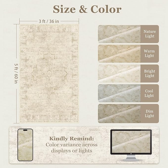 Natural Beige Distressed 3x5 Area Rugs for Entryway Foyer, Washable Non Slip Low Pile Throw Rugs for Kitchen, Farmhouse Medallion Pinted Carpet for Bedroom/Bathroom/Closet/Dorm/Home Office