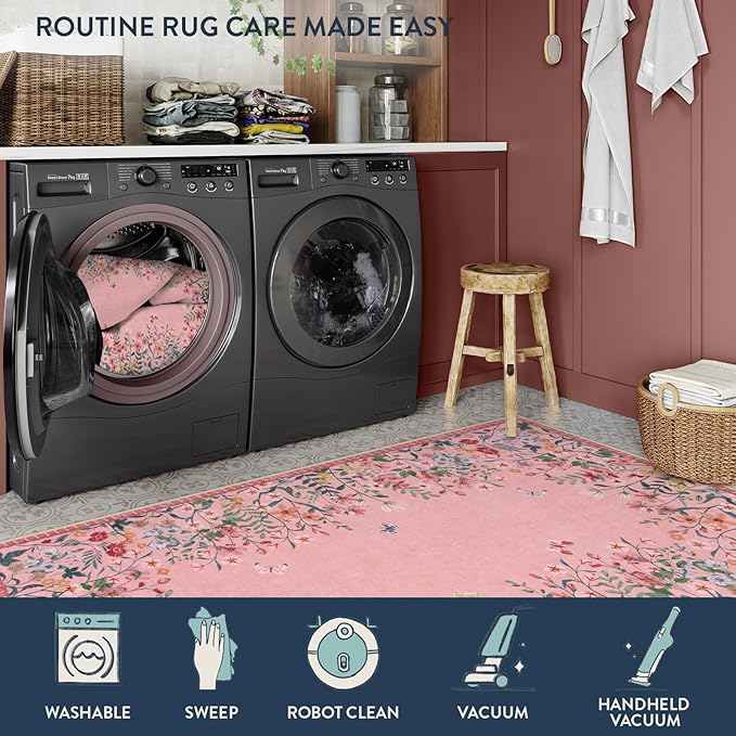 Lahome Boho Floral 2'6"x8 Pink Bathroom Runner Rugs Non Slip Washable,Soft Runners for Hallways,Indoor Carpet Runner with Rubber Backing for Entryway Kitchen Laundry(Pink,2'6"x8)