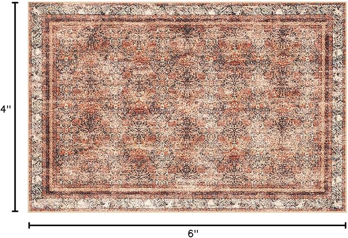 Phantoscope Washable Area Rug 4'x6' Non-Slip, Vintage Neutral Xmas Rugs for Living Room, Bedroom, Dining Room, Distressed Boho Floral Medallion Pattern, Low-Pile Foldable Floor Carpet, Brick Red/Black
