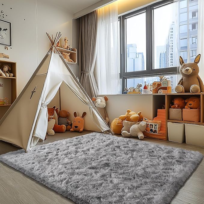Zentavio Grey and White Area Rugs for Living Room Men Room Carpet 4x6 Bedroom Fluffy Furry Shag Aesthetic Plush High Pile Floor Rug for Kids Room Dorm Home Decor Tie-Dyed Grey White