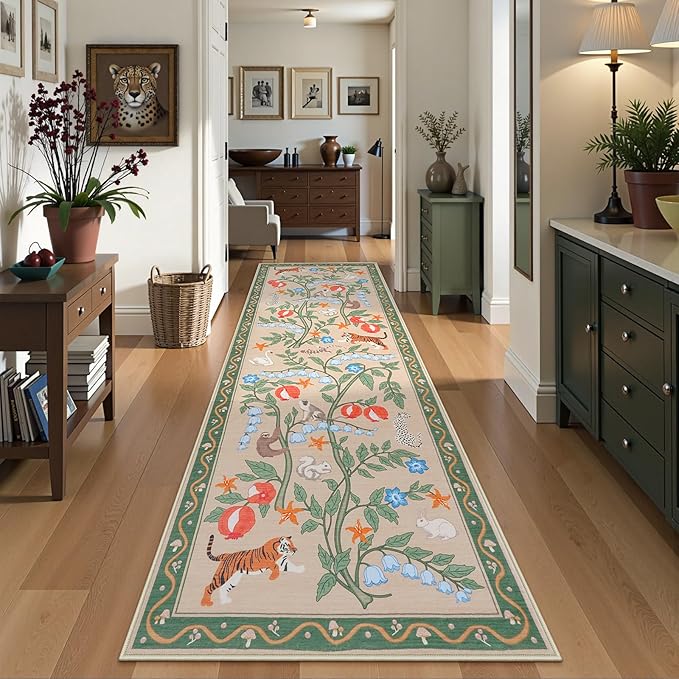 Collive Rug Runners for Hallway 2.6x8, Washable Jungle Animal Kitchen Runner Carpet Green Non Slip Bathroom Mats, Soft Low Pile Stain Resistant Entryway Rugs for Bedroom, Laundry Room