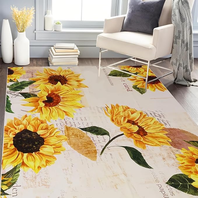 Sunflower Rug 5' x 7' Large Oil Painting Artwork Rugs for Living Room Bedroom, Non Slip Washable Low-Pile Soft Indoor Floor Throw Carpet for Apartment Bathroom Dining Room