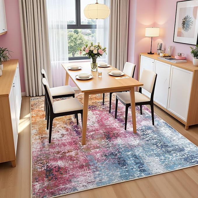 Washable Abstract Rug, 5x7 Modern Area Rugs with Non-Slip Rubber Backed for Living Room, Thin but Soft Contemporary Carpet Kitchen Bedroom Dining Room Decor, Galaxy
