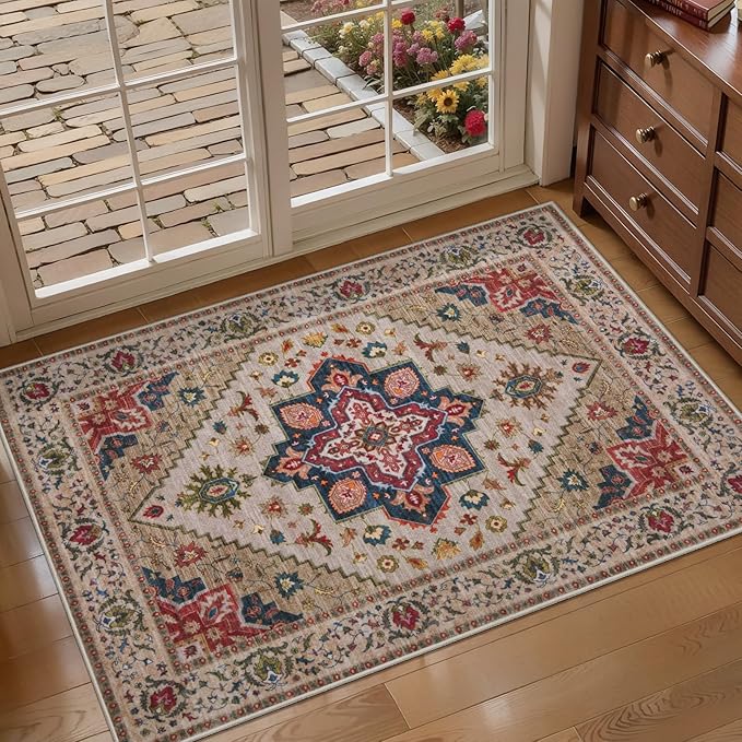 Tangsoo Vintage Small Rug 2x3 Washable Rugs for Entryway Non-Slip Oriental Low Pile Rug for Front Door, Kitchen, Indoor, Accent Throw Small Area Rug, Door Mat for Entrance, Soft Boho Beige/Red