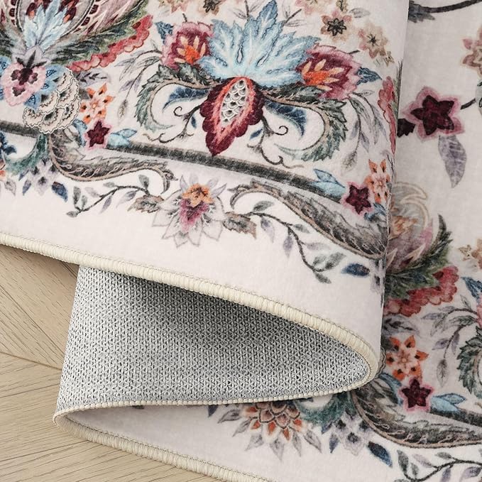 Rugcomf Vintage Paisley Rugs for Living Room 8'x10' - Machine Washable Area Rug, Non-Slip Low Pile Large Floral Carpet for Bedroom, Dining Room, Farmhouse, Office, Kids Playroom - Beige