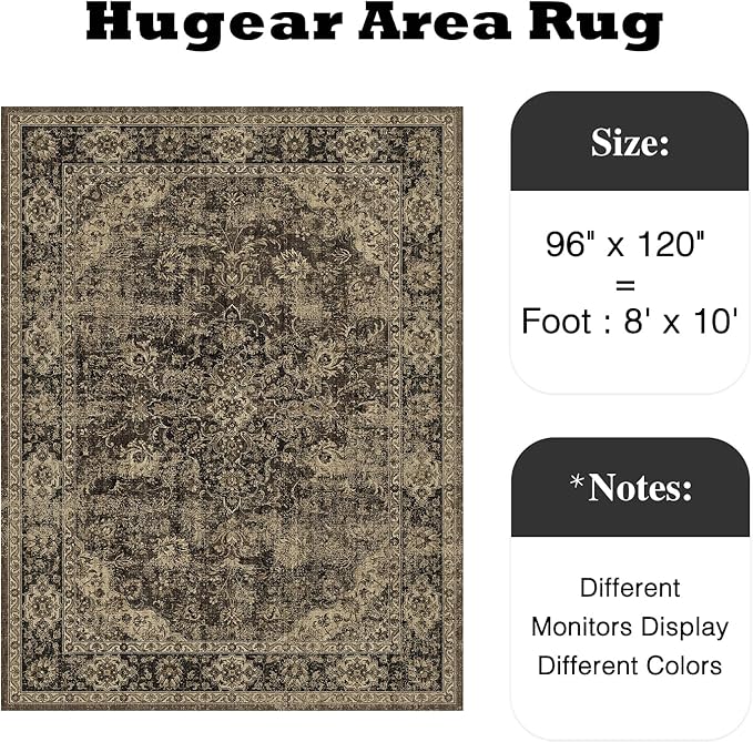 HUGEAR Retro Brown Area Rug 8x10 Machine Washable Living Room Rugs Distressed Vintage Floral Low Pile Carpet Bedroom Office Dining Room Laundry Room Non Slip Soft Lightweight