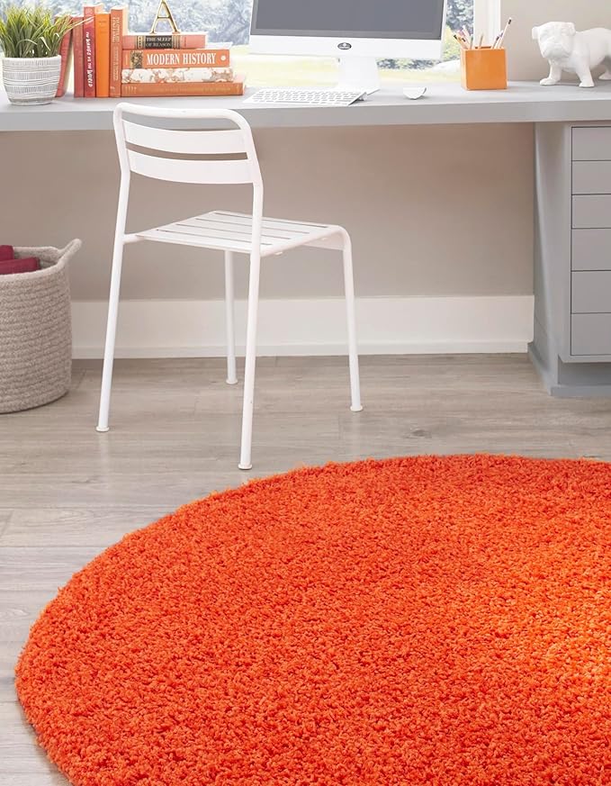 Unique Loom Solid Shag Collection Area Rug (5' 3" Round, Tiger Orange)