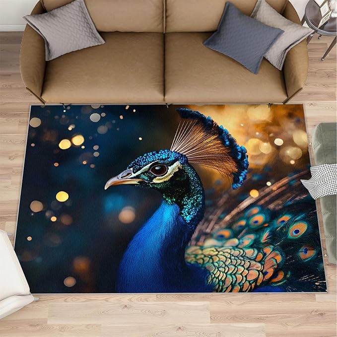 Peacock Area Rug 4x6-4x6 Rug, Wonderful Peacock Rugs for Living Room, Teal Turquoise Carpet, Peafowl Feather Washable Area Rugs for Bedroom, Aesthetics Carpet - Peafowl Home Decor & Gifts