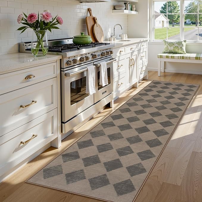 Lahome Checkered Washable 2x8 Brown Runners for Hallways Non Slip, Ultra-Thin Kitchen Bathroom Runner Rugs, Moroccan Trellis Throw Carpet Runner for Bedroom Entryway Decor (2'x8',Brown)