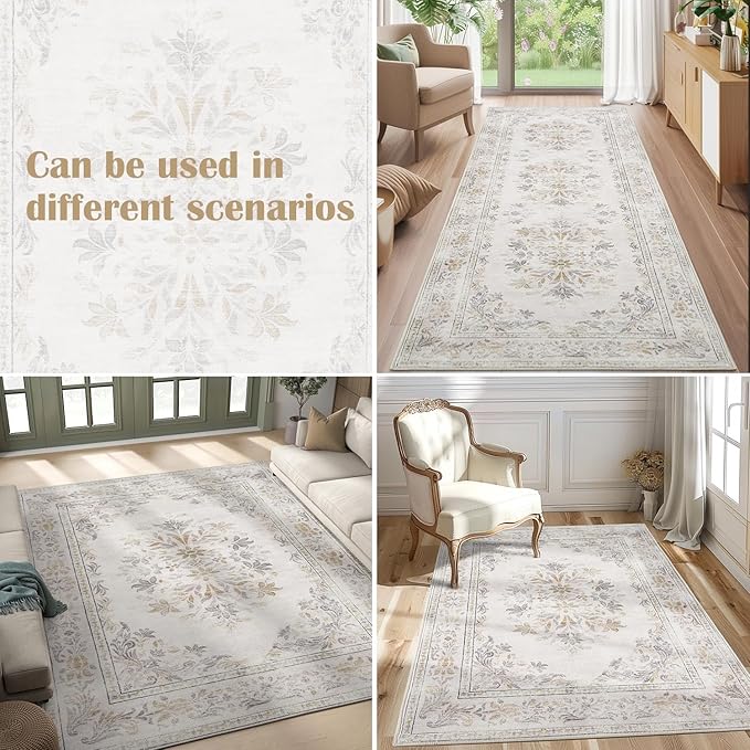 jinchan Vintage Floral Runner Rug 2x5 - Machine Washable Distressed Design Non-Slip Low-Pile Soft Thin Carpet for Hallway Kitchen Farmhouse Bedroom Entryway Laundry Room (2x5ft, Light Grey)