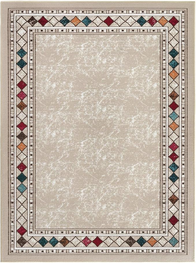 Antep Rugs Alfombras Modern Bordered 8x10 Non-Skid (Non-Slip) Low Profile Pile Rubber Backing Indoor Area Rugs (Beige, 7'10" x 10')