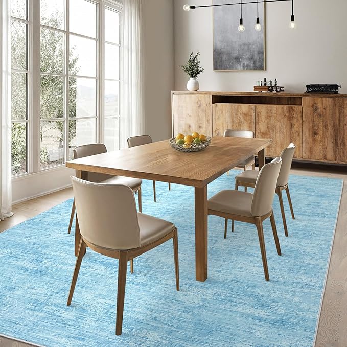 RUGSREAL Bedroom Area Rug 4x6 Modern Abstract Area Rug Stain Resistant Small Living Room Rug Contemporary Dining Room Rug Non-Slip Solid Rug Aesthetic Accent Floor Carpet for Kitchen Office, Blue