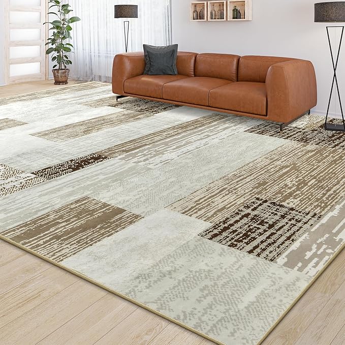 Large Area Rugs,Modern Geometric Patchwork Floor Decor for Bedroom Aesthetic Carpet, Rockwood Collection, Indoor Rugs for Living Room, Dining Room, Nursery, Office, Machine Washable Rug,4x6 Ft Beige