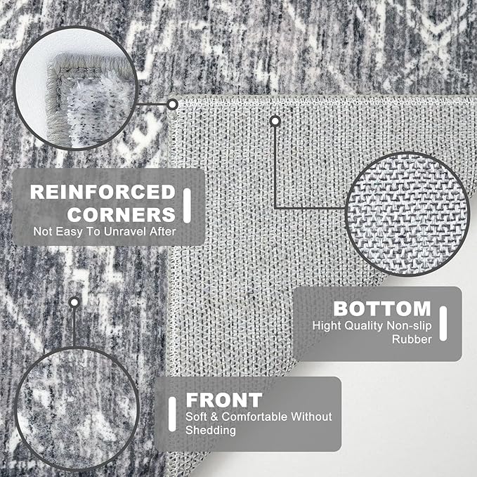 KILOCOCO Hallway Runner Rug 3'x10' Runners for Hallways Washable Runner Rug Non Slip Rubber Backed Low-Pile Runners for Bedroom Kitchen Living Room Laundry Room Boho Rugs, Grey