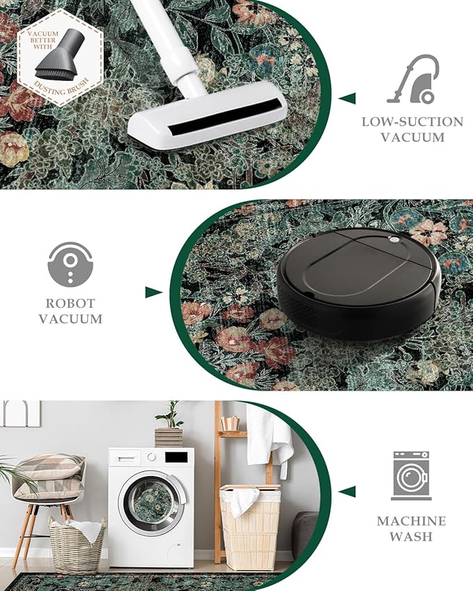 Farmhouse Dark Green Dining Room Rugs for Under Table - 6x9 Washable Cottagecore Distressed Low Pile Non Slip Flora Rug for Living Room, Bedroom, Nursery, Home Office - Soft Boho Moody Accent Mat