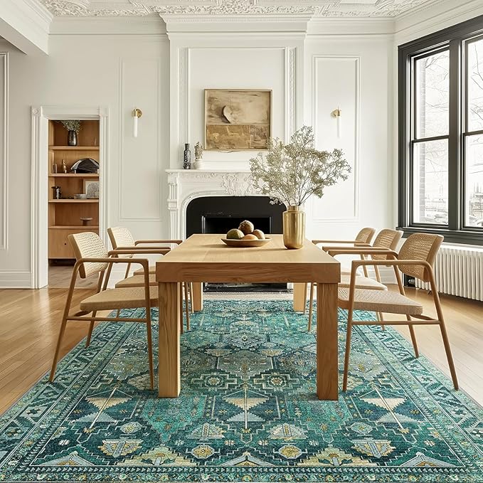 Bavni Washable Rug 8x10 Area Rug for Living Room Bedroom Dining, Washable Vintage Print Carpet, Ultra-Thin Chenille Low Pile Lightweight Rug with Non Slip Backing, Dark Green