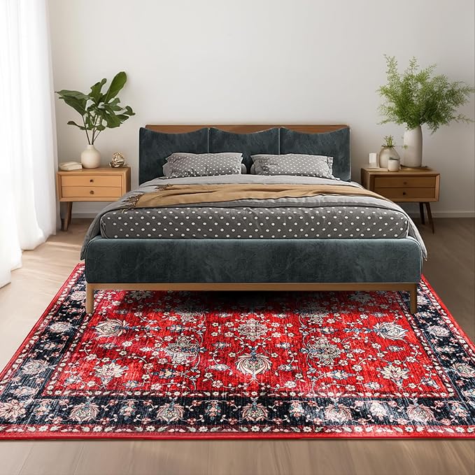 4x6 Washable Area Rug，Scarlet Red Vintage Accent Carpet with Navy Border, Boho Rug for Living Room, Dining Room，Bedroom, Entryway, Kitchen, Office, Indoor Non-Slip Mat, Holiday Ready