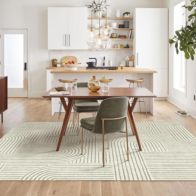 Washable Area Rug 8x10 - Large Sage Green Boho Rugs for Living Room Soft Abstract Bedroom Rug Ultra-Thin Modern Rainbow Carpet Rug for Dining Room Nursery Room Home Decor