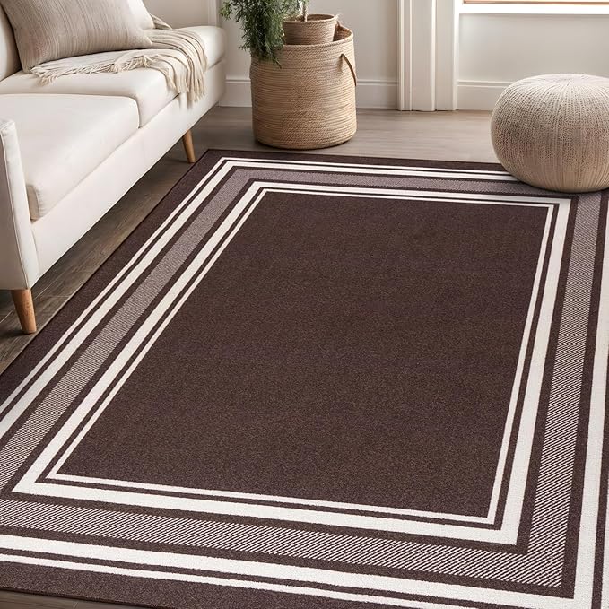 Beverly Rug Non Slip Area Rugs 5x7 Modern Bordered Non Skid Rubber Backing Soft Area Rug for Living Dining Room Easy to Clean Non Shedding Kitchen Bedroom Indoor Carpet 5 x 7 Brown