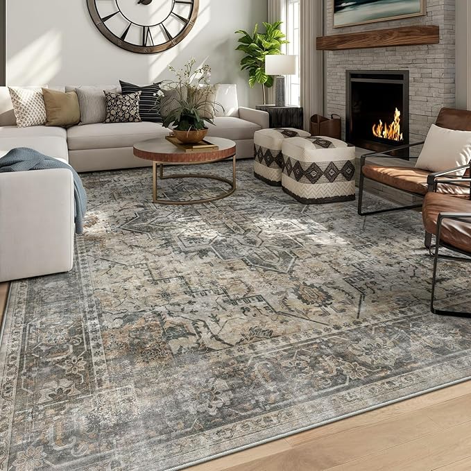 6x9 Machine Washable Area Rug for Living Room, Grey Rusty Boho Vintage Floral Rug Large Non-Slip Low Pile Soft Faux Wool Carpet, Kids and Pets Friendly for Bedroom Dining Room Farmhouse Decor Rug