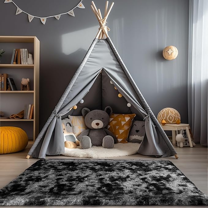 Zentavio Black and Grey Area Rugs for Living Room Men Room Carpet 4x6 Bedroom Fluffy Furry Shag Aesthetic Plush High Pile Floor Rug for Kids Room Dorm Home Decor Gray