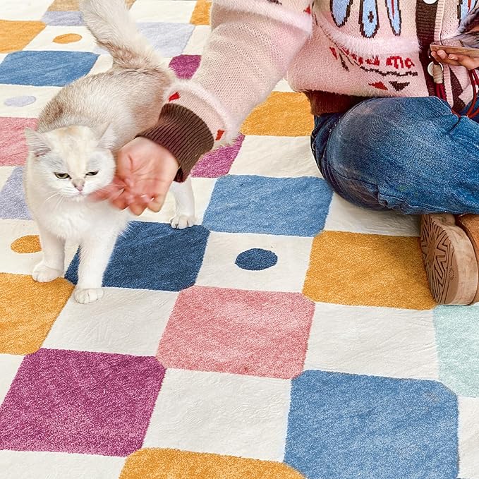 jinchan Macy Area Rug 8x10 Kids Washable Rug Indoor Floor Cover Non Slip Modern Soft Rug Playroom Diamond Carpet for Elementary School Classroom Nursery Daycare Living Room Bedroom Berries on Cream
