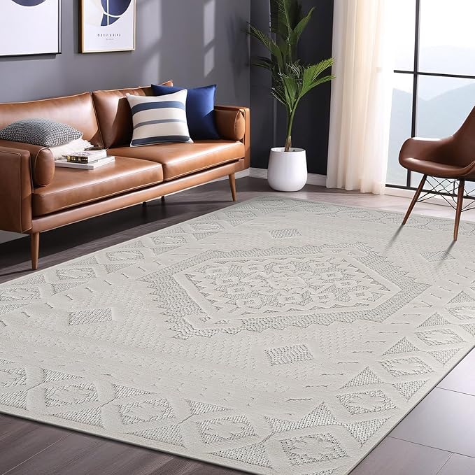 Modern Micro Loop Indoor Area Rugs for Living Room Bedroom Kitchen Geometric Trellis White 9x12 Luxury Durable Low and High Pile Non-Shedding Stain Resistant Soft Area Carpet 9 x 12
