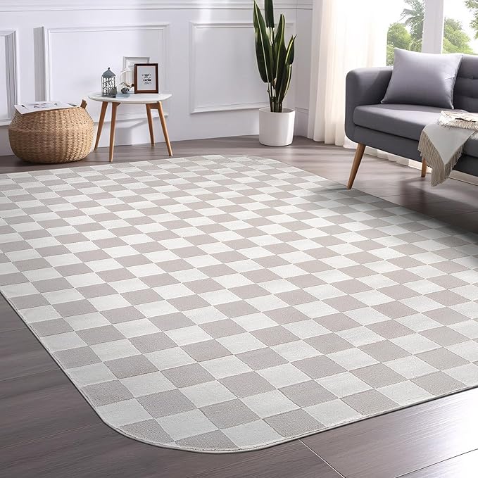 Beverly Rug Modern Geometric Area Rug 8x10 Low-High Pile Durable Soft Abstract Checkered Indoor Rugs for Living Dining Room Office Stain Resistant Non Shedding Casual Indoor Carpet Beige White 8 x 10