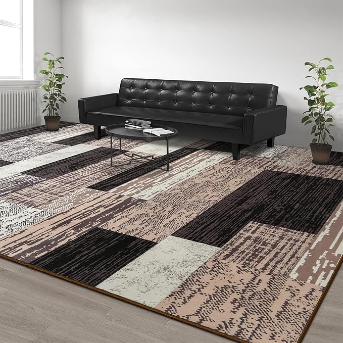 Large Area Rugs,Modern Geometric Patchwork Floor Decor for Bedroom Aesthetic Carpet, Rockwood Collection, Indoor Rugs for Living Room Dining Room Nursery Office Machine Washable Rug, 6x9 Ft Chocolate