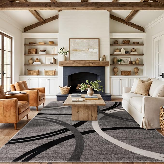 Rugshop Wavy Circles Design Area Rug, Fade-Resistant Carpet for Living Room, Dining Room, or Office,Grand Room,Open Spaces, Gray, 12' x 15'