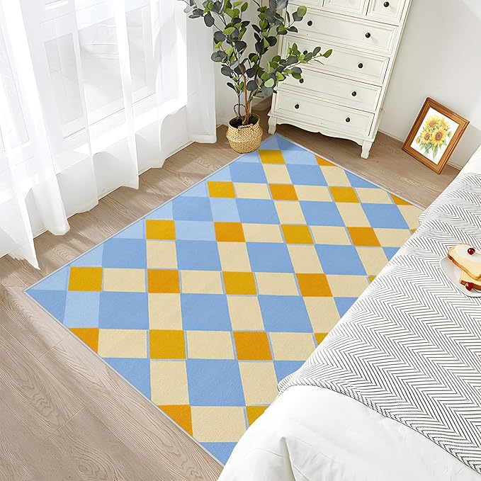 5x7 Rug Washable - Checkerboard Rugs for Living Room, Retro Geometric Non Slip Low Pile Area Rugs for Bedroom, Checkerboard Carpet Home Decor & Gifts
