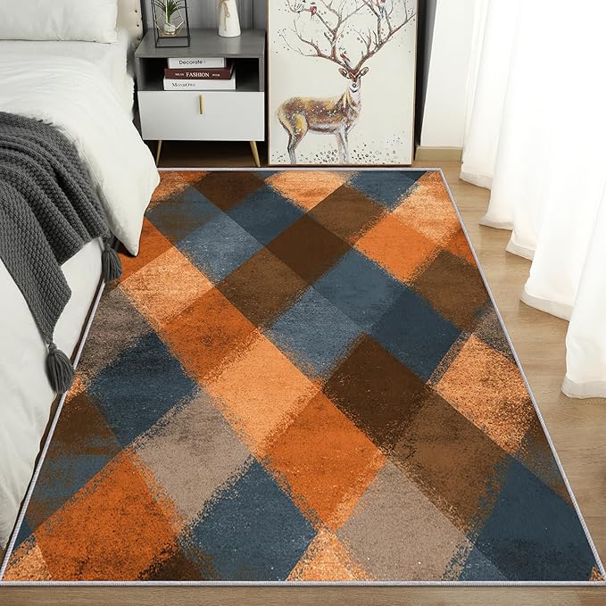 Checkered Geometric Rug, Washable 3x5 Rug for Living Room, Modern Abstract Patterned Indoor Carpet, Checkered Geometric Decor for Home, Bedroom, Soft Non Slip Thin Design FER44
