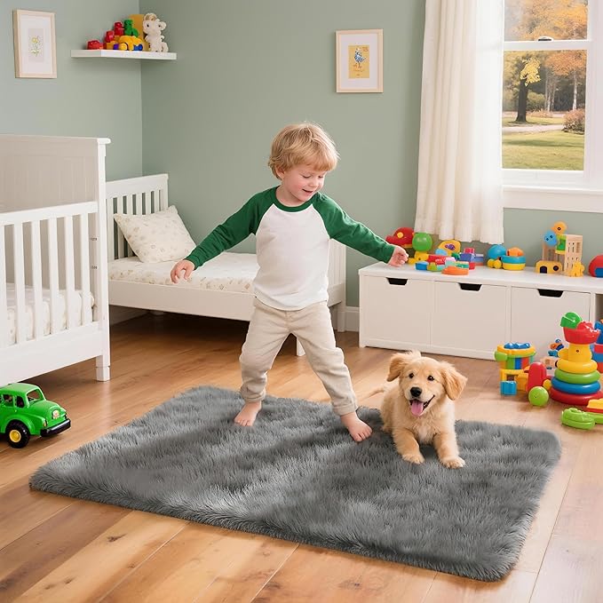 2x3 Solid Fluffy Grey Area Rug – Washable, Durable,Small Bedroom Rug, Non-Slip High Pile Shag Rugs for Living Room, Bedroom, Bedside, Dorms, Nursery Rooms, Kids Room, Soft Indoor Floor Carpet