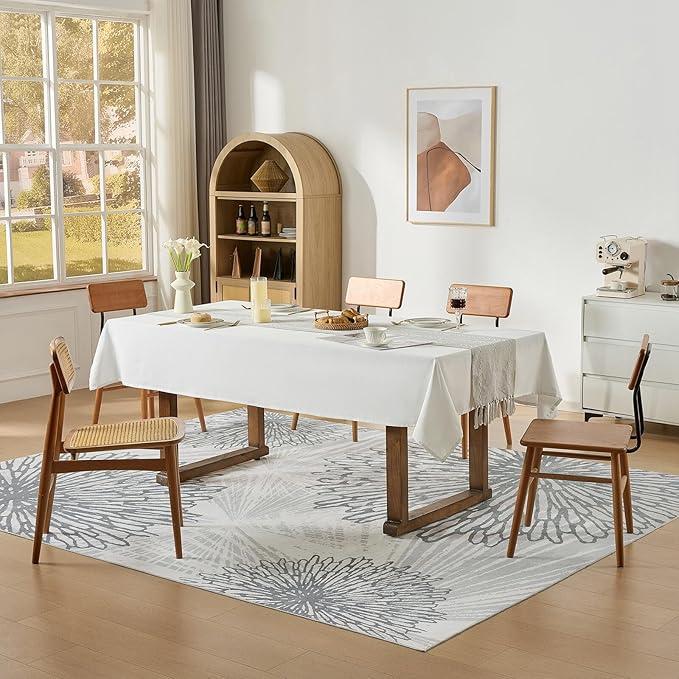 WITSHOCK 7x9 Washable Rug for Living Room,Modern Floral Distress Print Pattern Area Rugs,Stain Resistant with Non Slip Backing Carpet for Dining Room,Bedroom & Home Decor,Grey White
