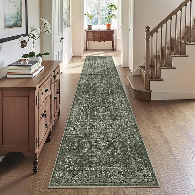 2x10 Hallway Washable Runner Rug Vintage Green Boho Extra Long Runners for Kitchen, Bathroom, Distressed Floral Floor Mat Non-Slip Farmhouse Carpet