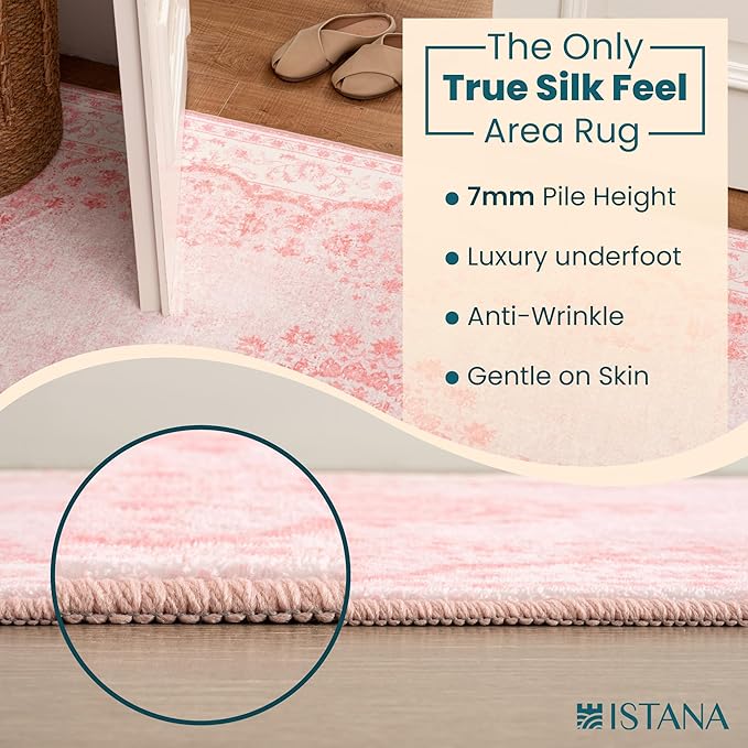 Istana Hallway Runner Rug 2.5x8 - Pink Kitchen Rugs Non Slip Washable -Silk's Soft Touch Carpet Runner - Stylish Runner Rugs for Home