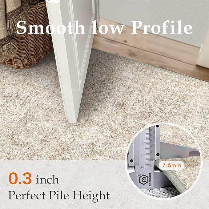 2x6 Beige Washable Runner Rug for Kitchen Hallway Neutral Soft Non Slip Rug Low Pile Vintage Distressed Carpet for Bathroom Bedroom Indoor Nursery