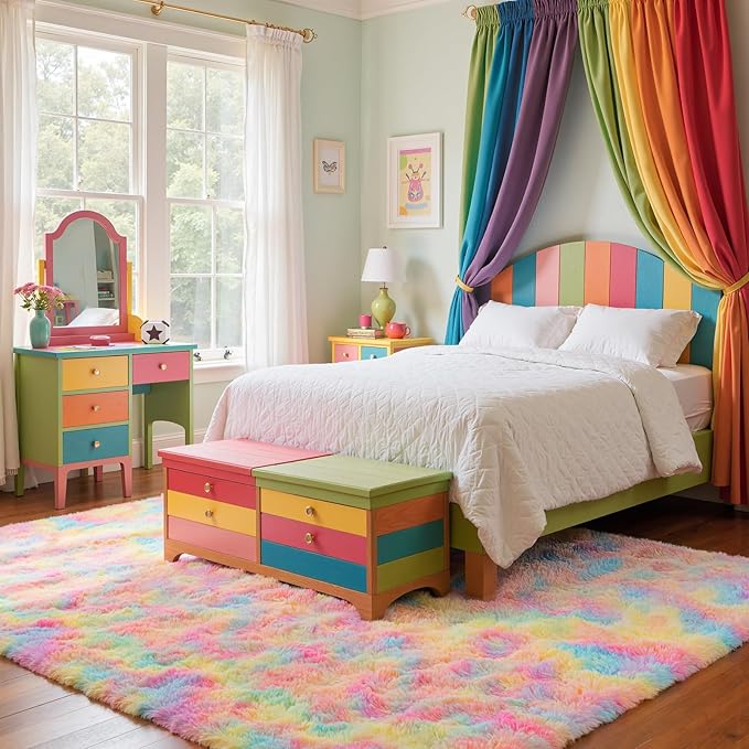 Zentavio Unicorn Rugs for Girls Room 6x9 Area Rugs for Living Room Carpet for Bedroom Washable Soft Fluffy Shag Aesthetic Plush High Pile Throw Rug for Nursery Kids Room Dorm Room Rainbow