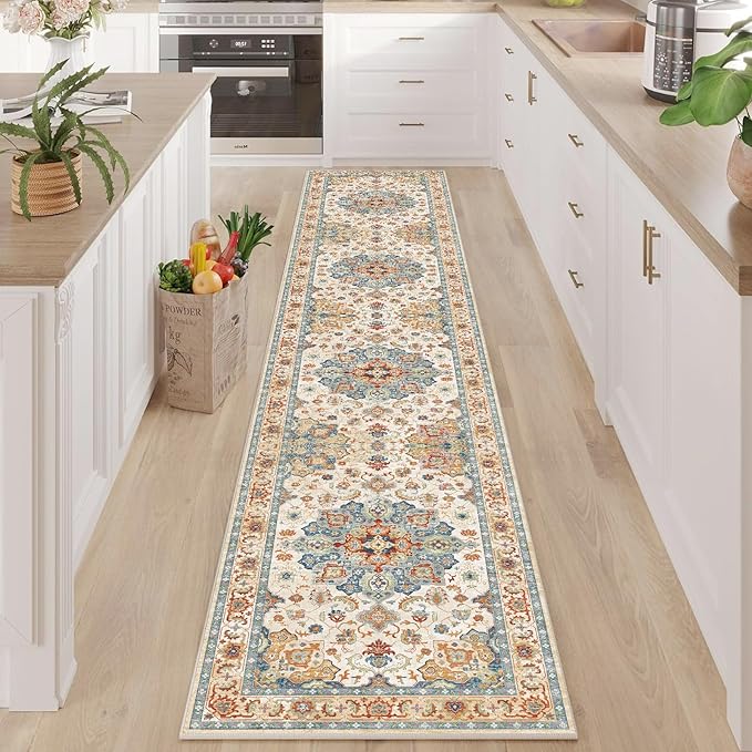 Enkor Runner Rugs for Hallway, 2x10 Washable Soft Non Slip Floor Rugs for Kitchen, Modern Mat for Living Room Bedroom Entryway Orange & Beige