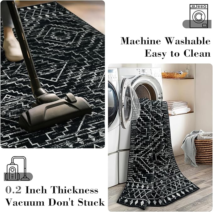 Wonnitar Moroccan Washable Area Rug 5x7, Black Large Rug for Living Room, Non-Slip Boho Bedroom Throw Mat, Low Pile Stain Resistant Geometric Floor Carpet for Dining Table Kitchen Dorm (Black,5'x7')