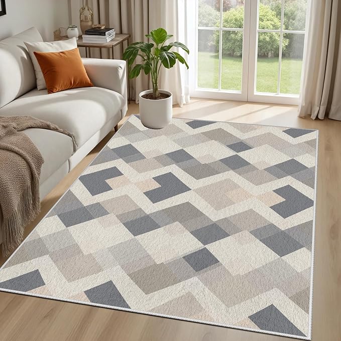 Modern Area Rug Living Room Rugs 3x4, Minimalist Soft Boho Geometric Rug, Non-Slip Washable Low Pile Non Shedding Carpet for Bedroom Office Dining Room Kitchen Nursery, Gray Beige White