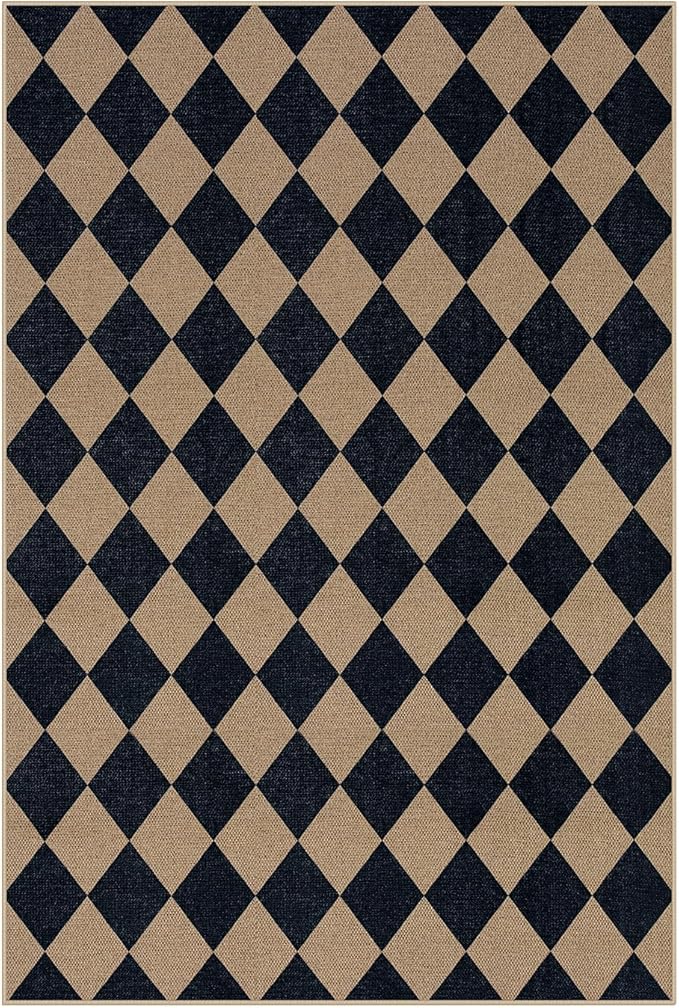 Lahome Checkered Easy Jute Patio Rug, 6x9 Washable Indoor Outdoor Rug, Farmhouse Neutral Non Slip Non Shedding Low Pile Floor Carpet for Deck Living Dining Room Office Mudroom